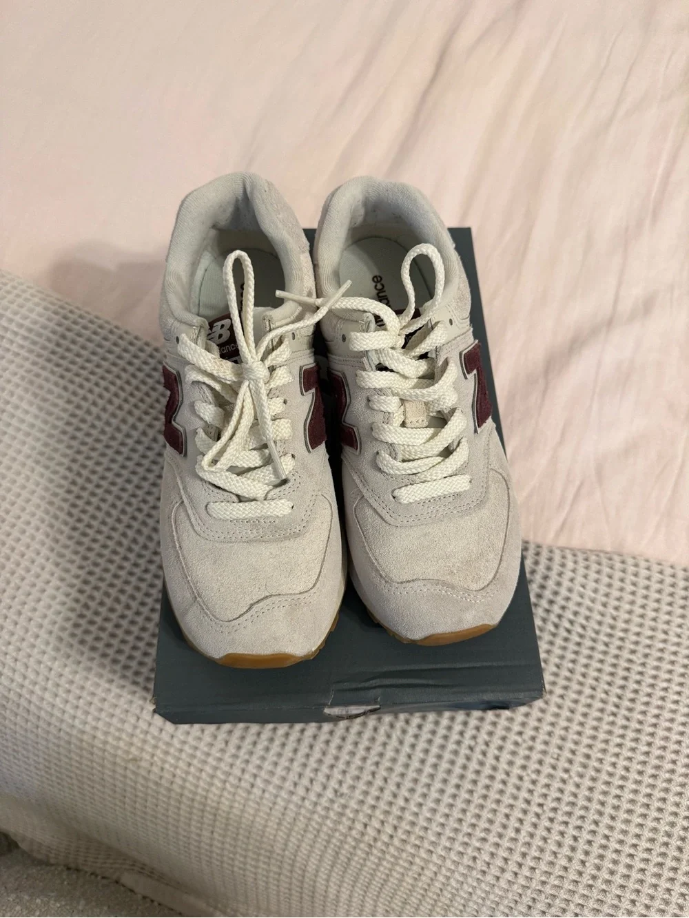 New Balance Cream & Burgundy Suede Sneakers
